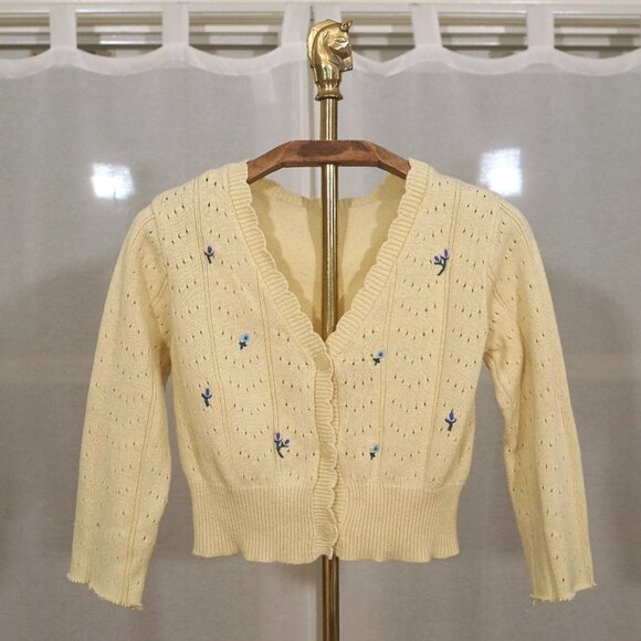 Source Unknown Sweaters - Butter Yellow Floral Embroidered Cropped Knit Cardigan Sweater